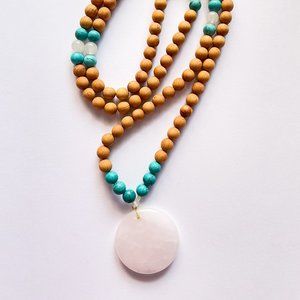 Sacred Summer Sandalwood, Turquoise & Rose Quartz Pendant Necklace - Mala, yoga